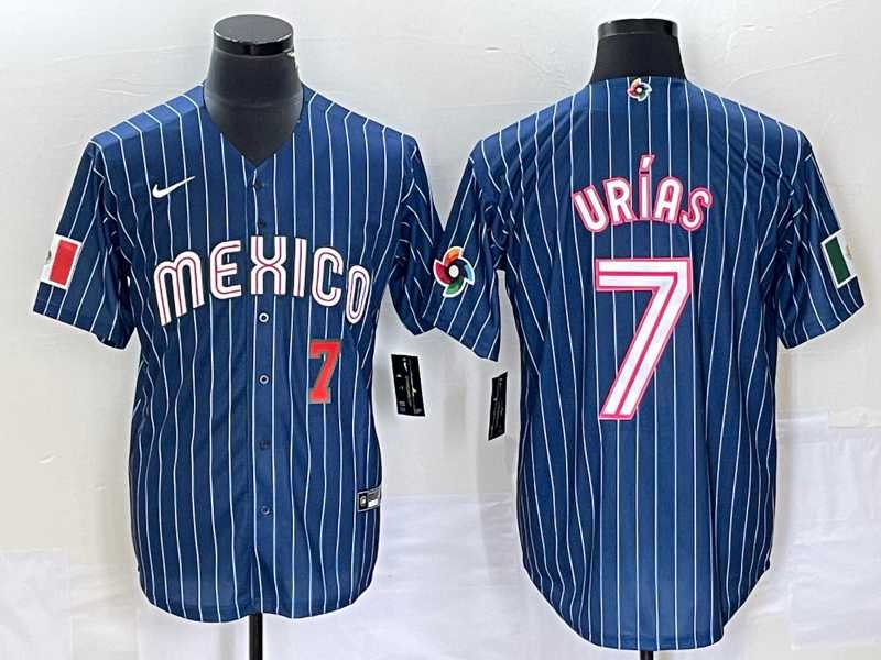 Men's Mexico Baseball #7 Julio Urias Number Navy Blue Pinstripe 2020 World Series Cool Base Nike Jersey3